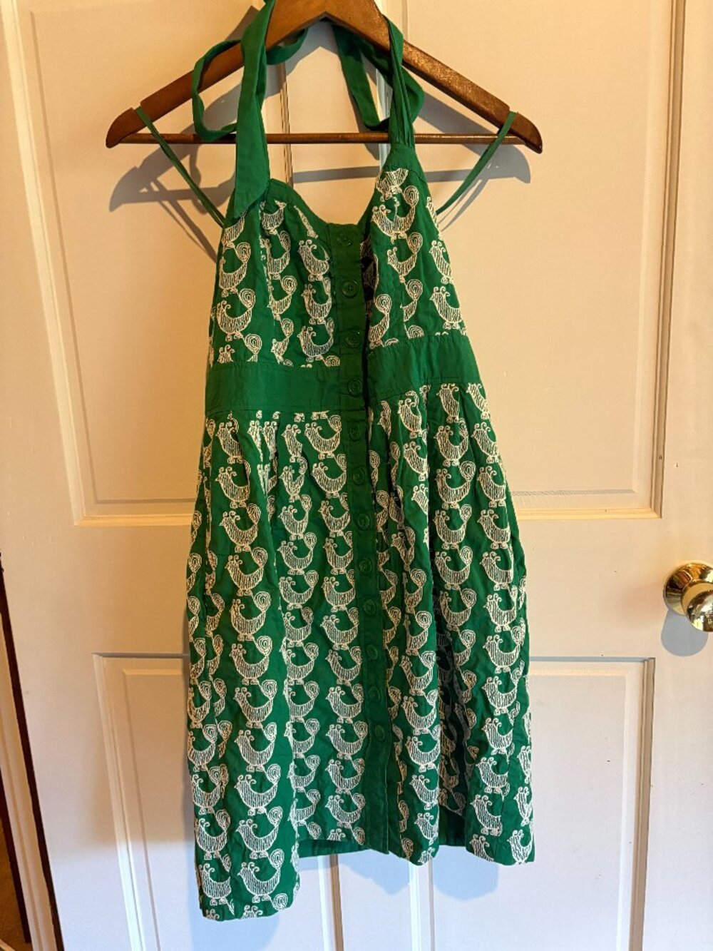 Anthropologie X Floreat Cockadoodle Dress Green Embroidered Size 12 Button Up